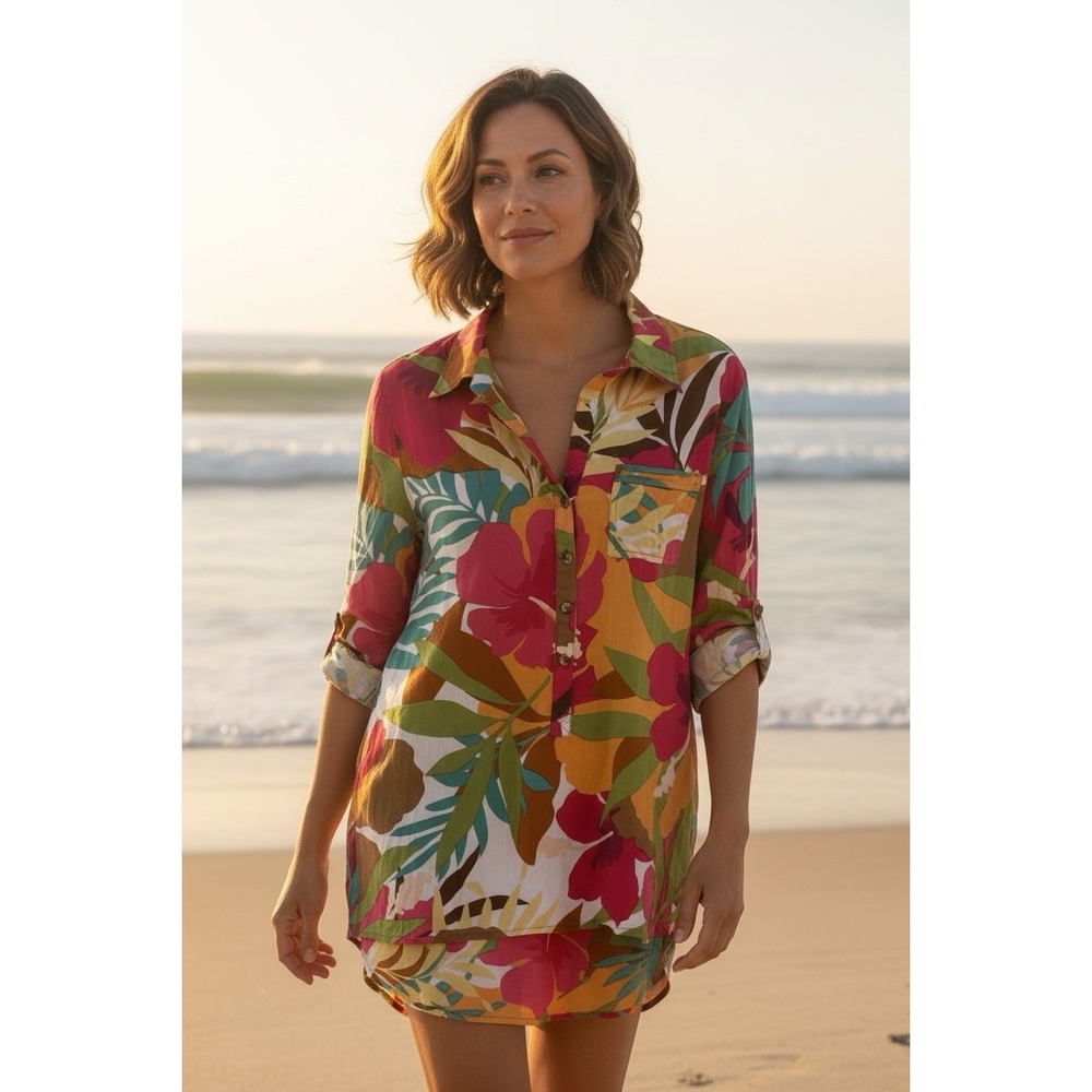 True Destinations Women's M Resort Wear Multi Cotton Tropical Print Tunic Top